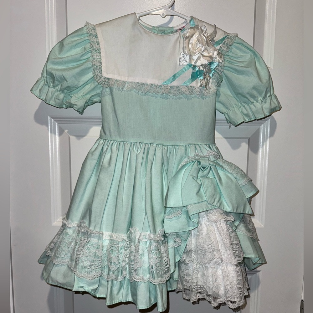Vintage Martha’s Miniatures We’re Fussy Teal Blue Lace Dress USA Baby Girls Sz 4